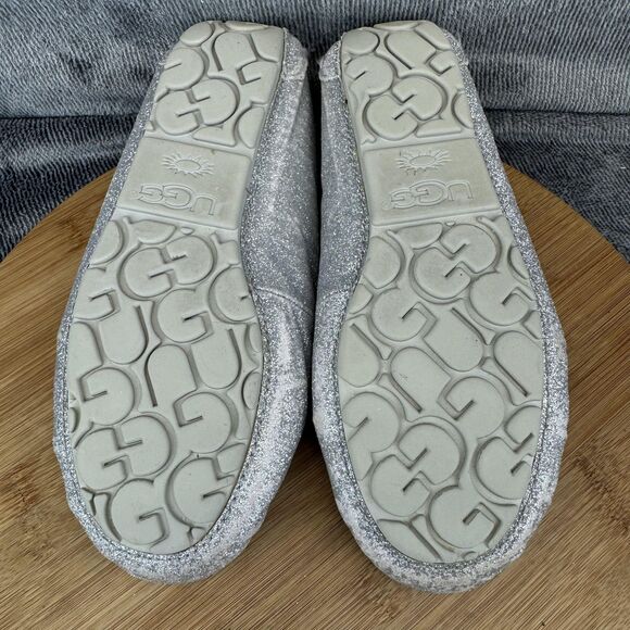 UGG Shoes Womens Size 6 Silver Glitter Moccasin Slippers Shearling W 1100178 - Picture 7 of 11